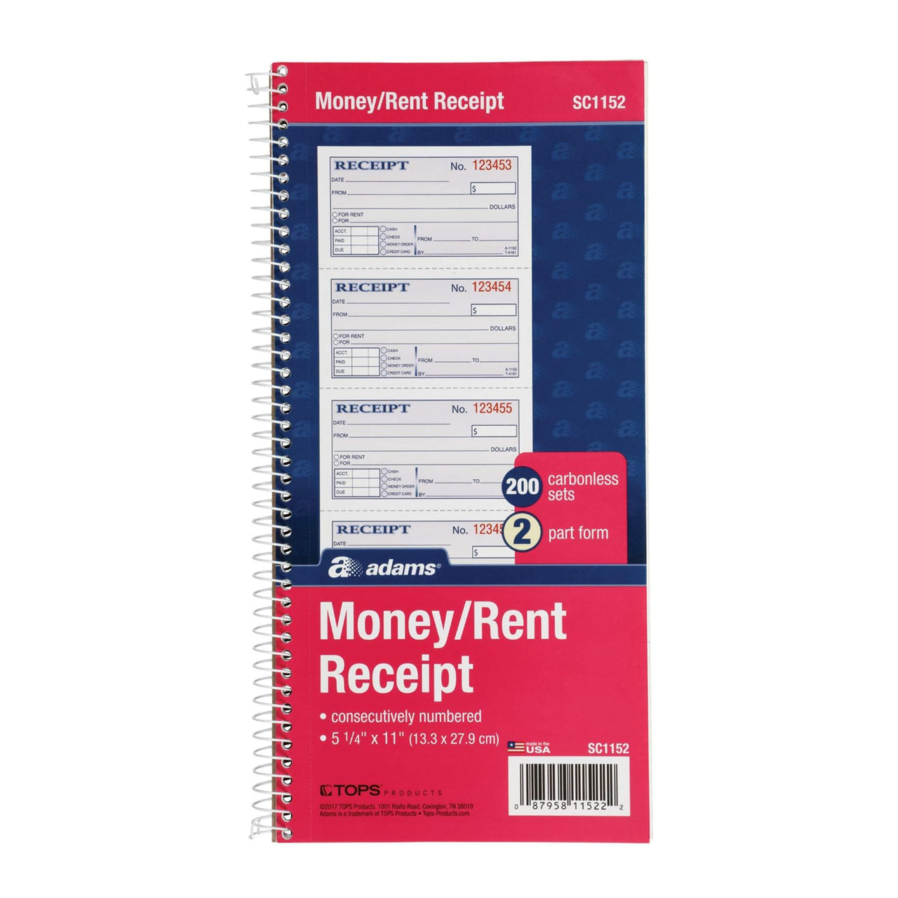 Adams Money and Rent Receipt Book, 2-Part Carbonless, 5-1/4" x 11", Spiral Bound, 200 Sets per Book, 4 Receipts per Page (SC1152) Smaller pack