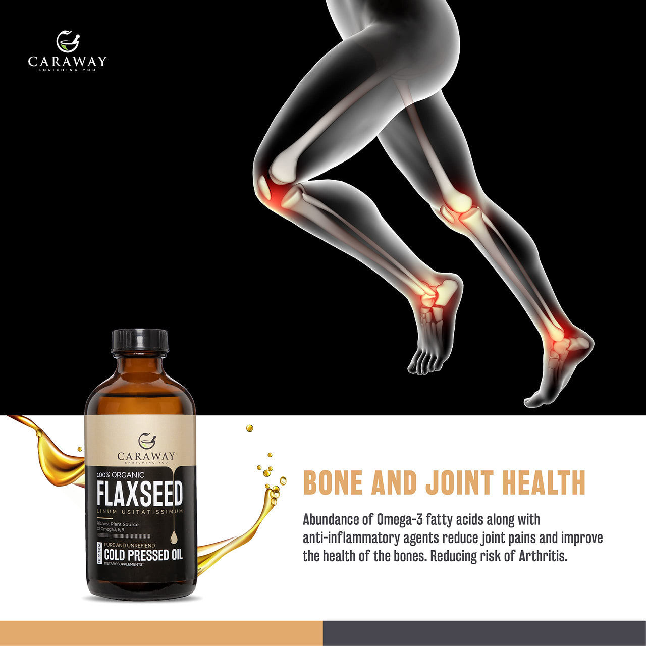 CARAWAY Certified Organic Cold pressed Flaxseed Oil 1000mg Vegan Omega 3 6 9 Supports Skin, Joint, Hair Brain, Muscles And Bones- 236 ML / 8 oz