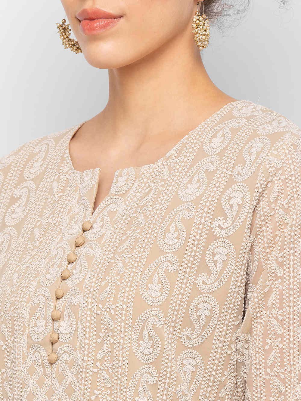 ZOLA Exclusive Georgette Round Neck with Full Sleeves and Calf Length Luckhnowi Chikan Kari Kurta with Button Placket on Yolk Ethnic Wear Straight Kurta for Women Pack of 1