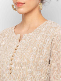 ZOLA Exclusive Georgette Round Neck with Full Sleeves and Calf Length Luckhnowi Chikan Kari Kurta with Button Placket on Yolk Ethnic Wear Straight Kurta for Women Pack of 1