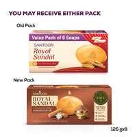 Santoor Royal Sandal Soap, Serum & Face Pack | 100% Sandalwood Oil & Powder | 3-Step Natural Detan | Tan-Free Complexion, Even Skin Tone & Glow | 125g x 6 Soaps + 20g Face Pack + 15ml Serum