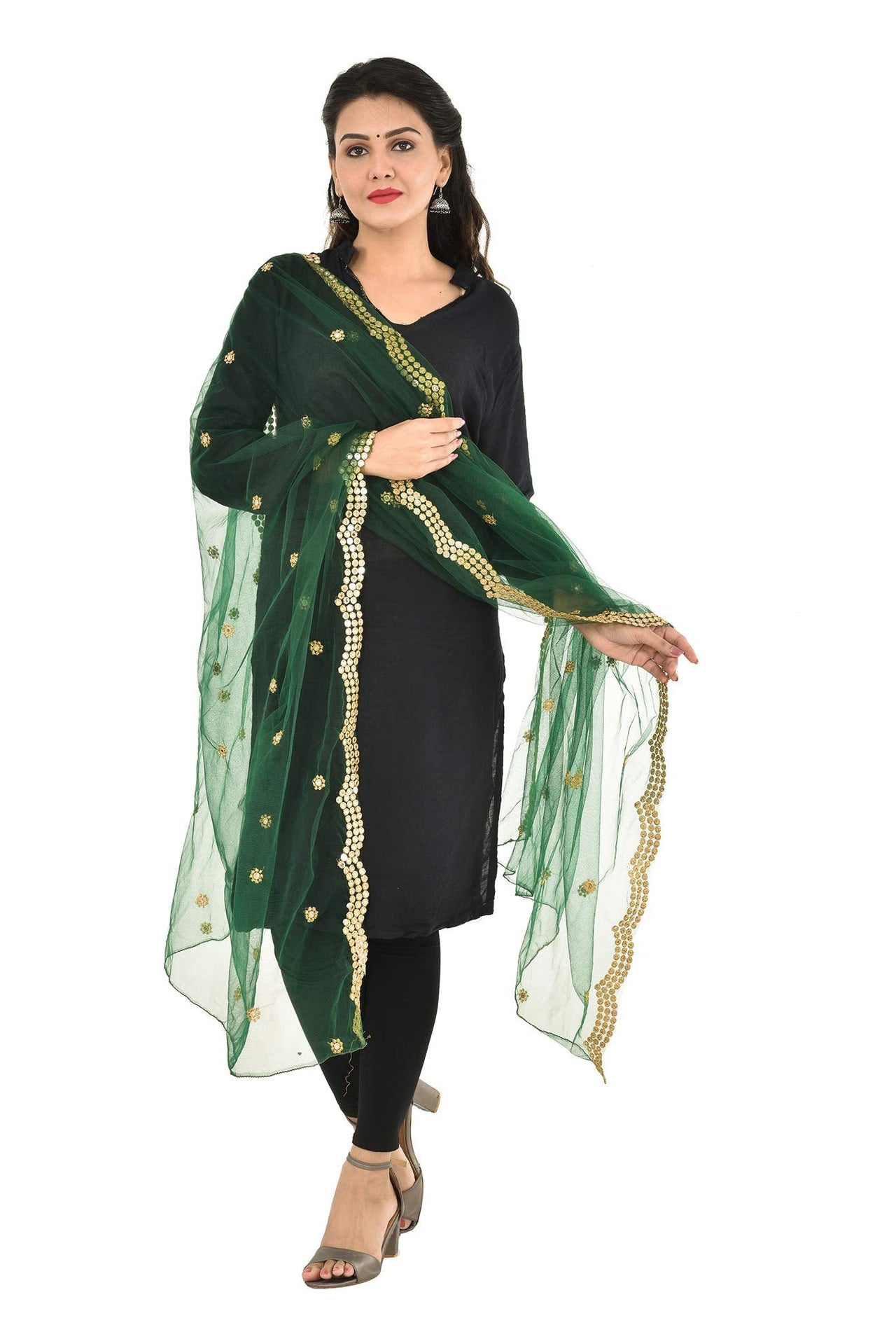 YOUTHQUAKE Heavy Embellished Plastic Mirror Net Dupatta for Womens & Girls