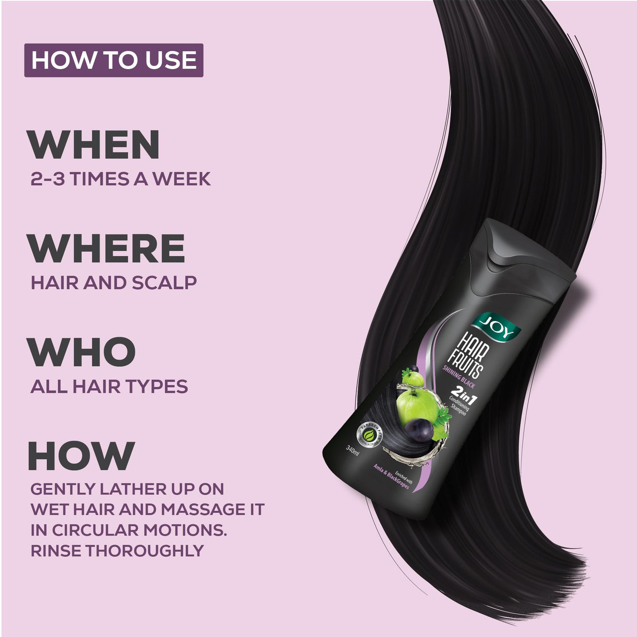 Joy Shining Black Hair Shampoo with Amla & Black Grapes (340ml x 2) | Controls Hair Fall & Stimulates Hair Growth | Paraben Free | For Men & Women