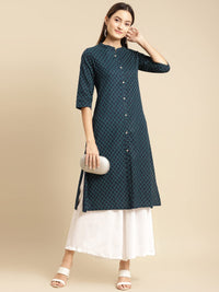 rangita Women Cotton Front Button Placket Calf Length A line Kurti