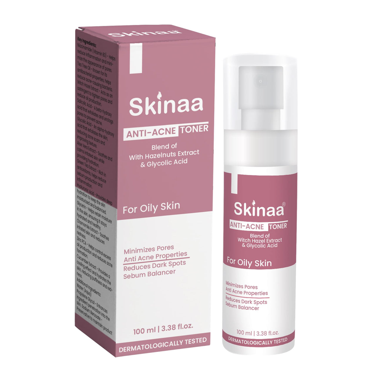 Skinaa Anti-Acne Toner | Minimizes Pores & Reduces Acne | Alcohol-Free Toner with Witch Hazel Extract & Glycolic Acid for Oily, Sensitive, and Acne-Prone Skin | 100 ml