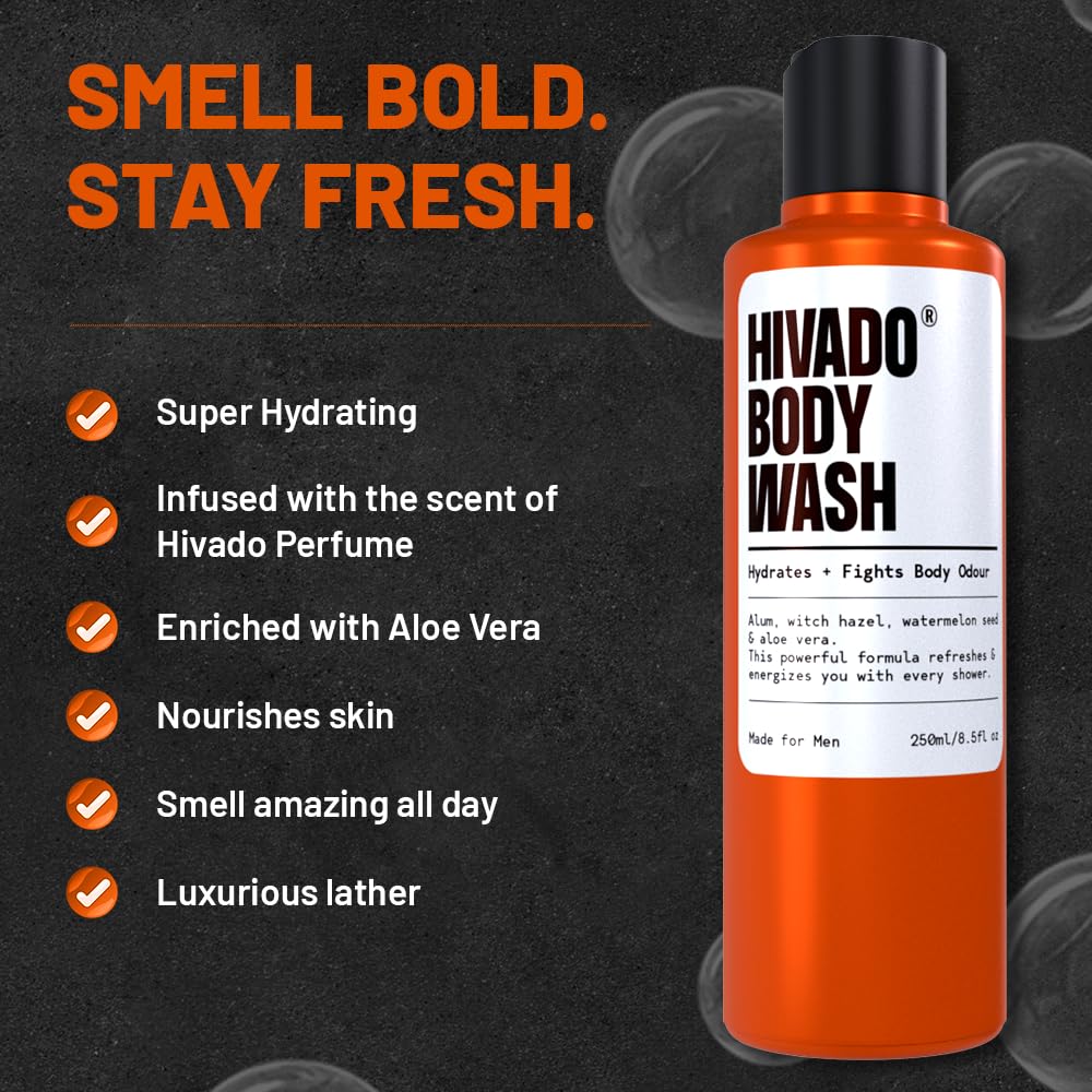 Hivado Body Wash for Men| Hydrating Bodywash for Men | De-tan & Deep Cleanse for men | Sulfate free | With Alum & Aloe Extracts | Non-drying | Refreshing Fragrance, 250ml