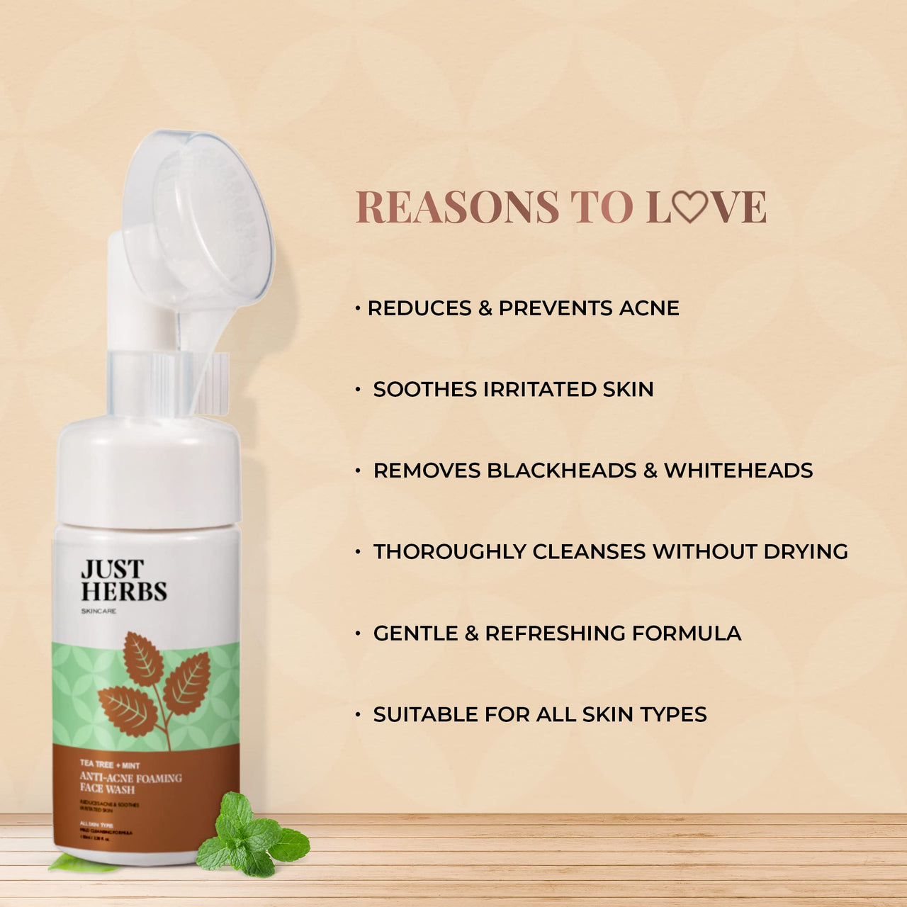Just Herbs Anti Acne Foaming Face Wash Men Women With Tea Tree and Mint for Oil Control, Glowing Skin Brush - 100ml