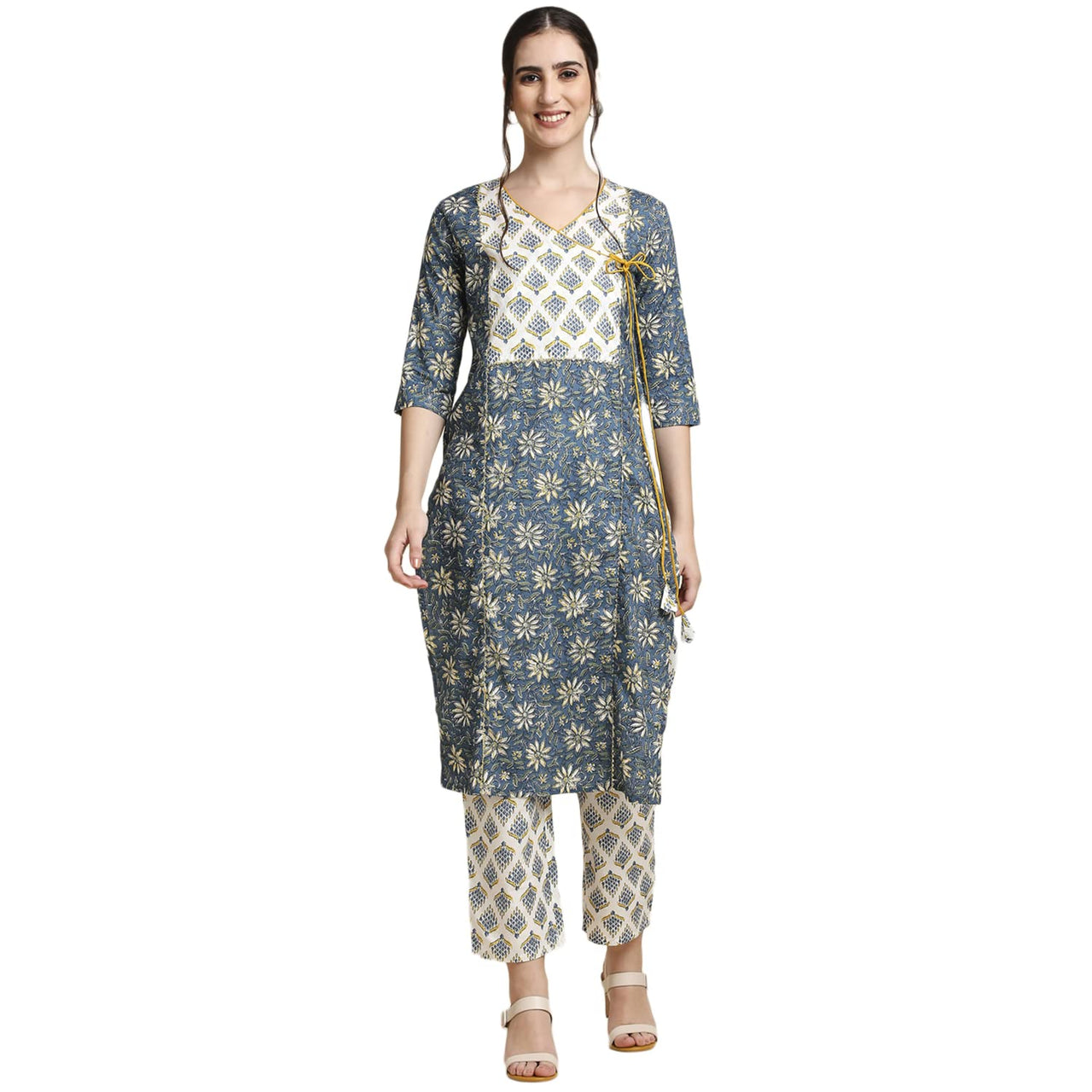 anubhutee Women's  Blue Printed Angrakha Pure Cotton Straight Kurta Suit Set with Pants