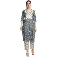 anubhutee Women's  Blue Printed Angrakha Pure Cotton Straight Kurta Suit Set with Pants