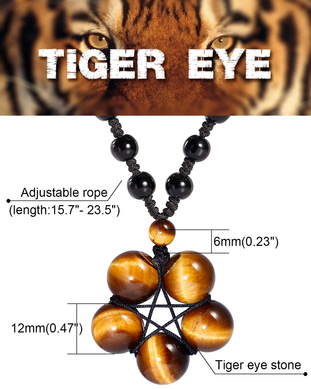 Jewever Tiger Eye Necklace Pendant Handmade Star-Shape Adjustable Energy Gemstone Healing Crystal 12mm Beads Unisex Yellow