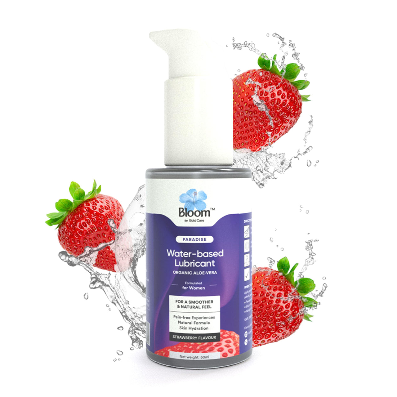 Bloom Water-Based Lubricant & Massage Gel | (50 ml) | For Long-lasting Painless Experiences | Non-Staining Lube for Dryness | Non-Sticky & pH Balanced Formula | Strawberry Flavour