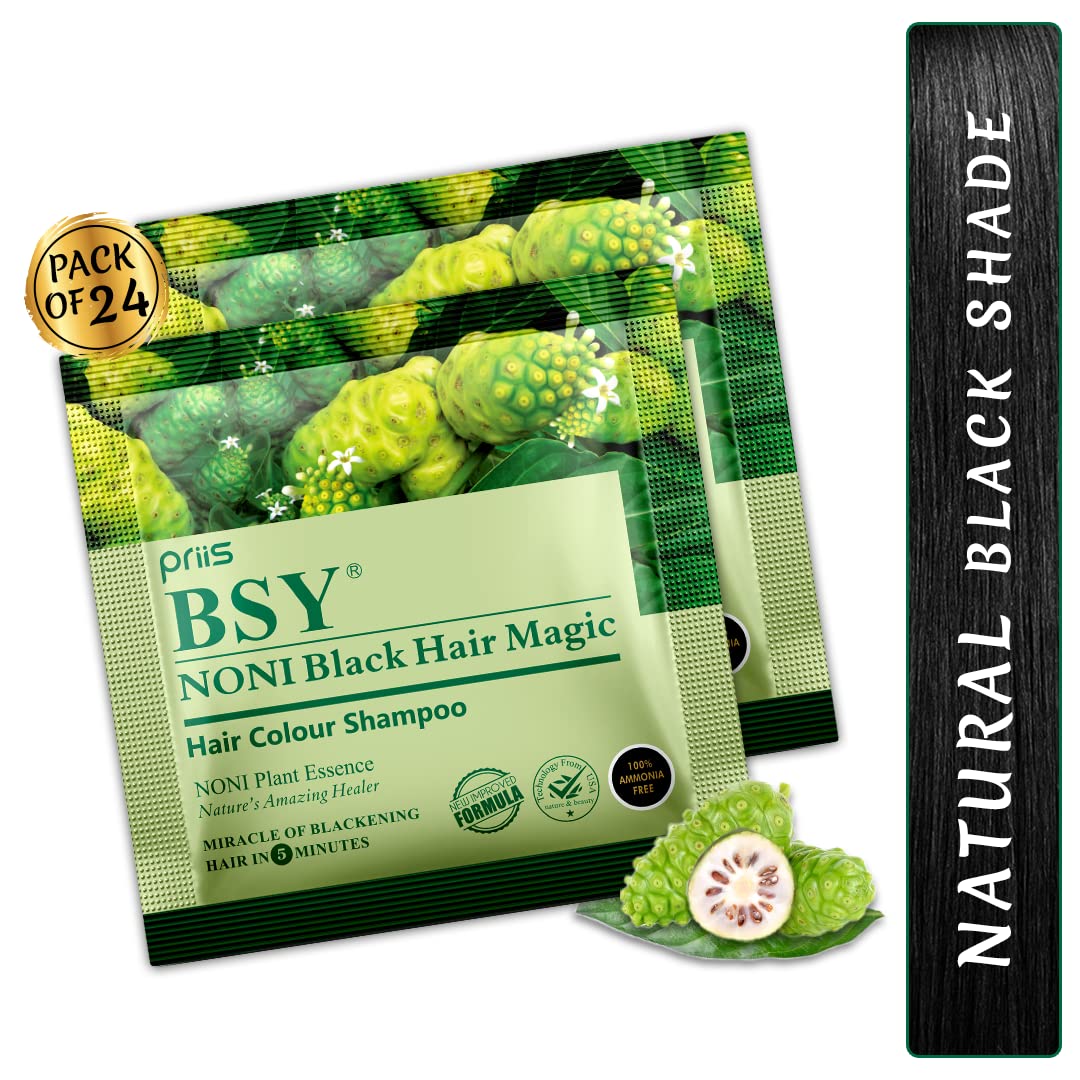 BSY Noni Black Hair Magic Hair colour shampoo (12ml x 24 Sachets) | Ammonia Free Hair Color Shampoo for men| Natural Black Permanent Hair Dye Shampoo for women | Noni Fruit Hair Dye | 5 Minutes Hair Colour | Easy to use Hair Colour Shampoo