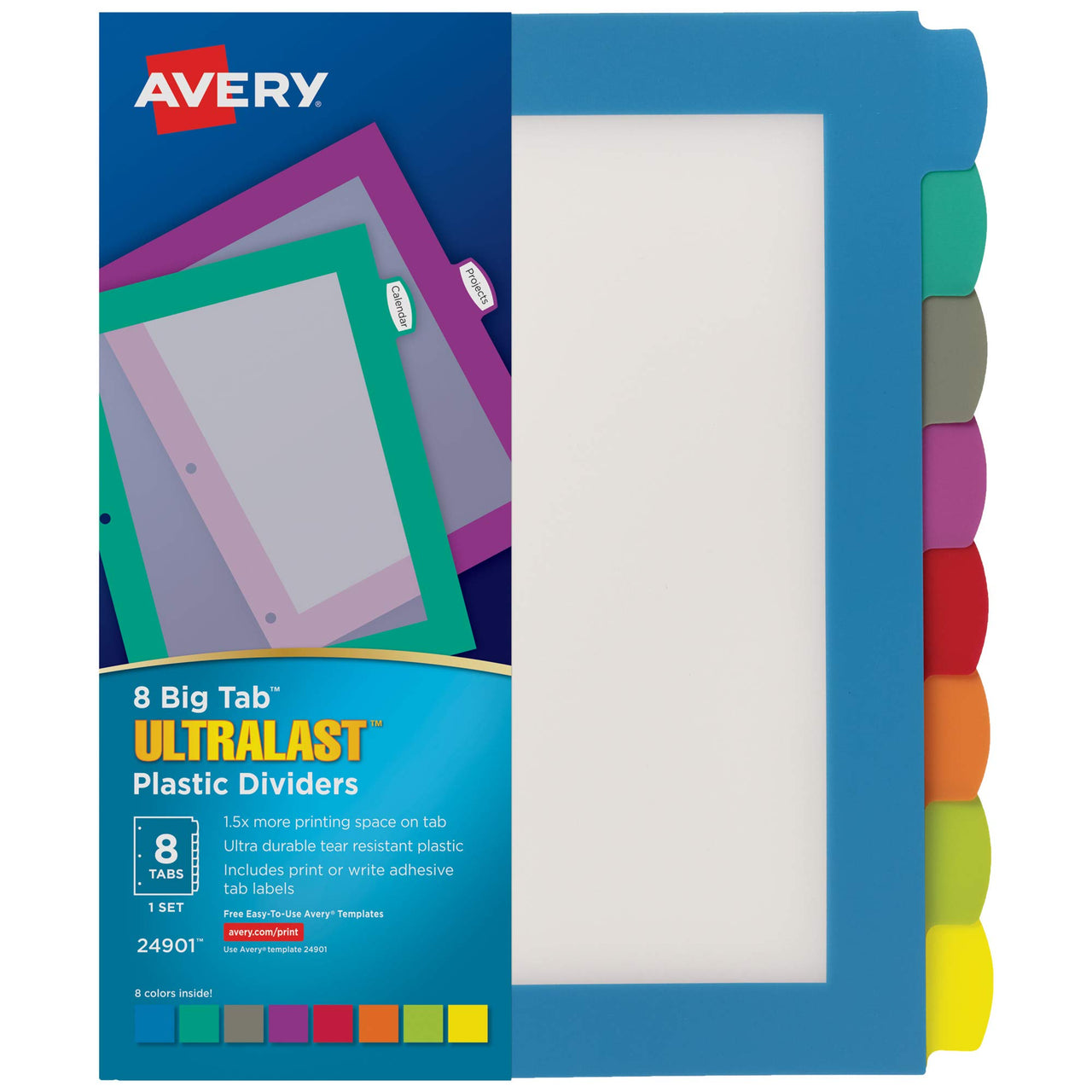 Avery Ultralast Big Tab Plastic Dividers for 3 Ring Binders, 8-Tab Set, Multicolor with White Labels, 1 Set (24901) 8 tab