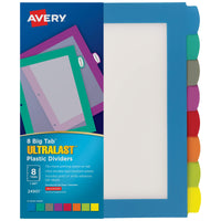Avery Ultralast Big Tab Plastic Dividers for 3 Ring Binders, 8-Tab Set, Multicolor with White Labels, 1 Set (24901) 8 tab
