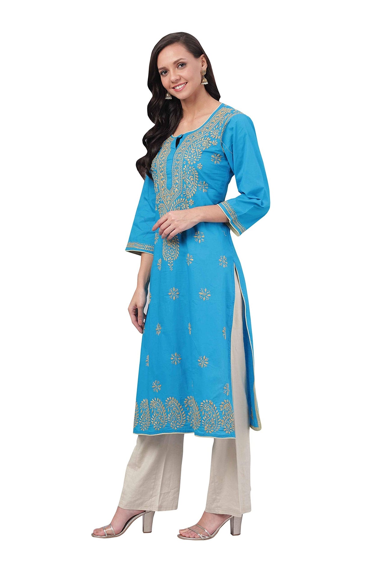 Ada Lucknowi Hand Embroidered Chikankari Straight Cotton Kurti Kurta for Women