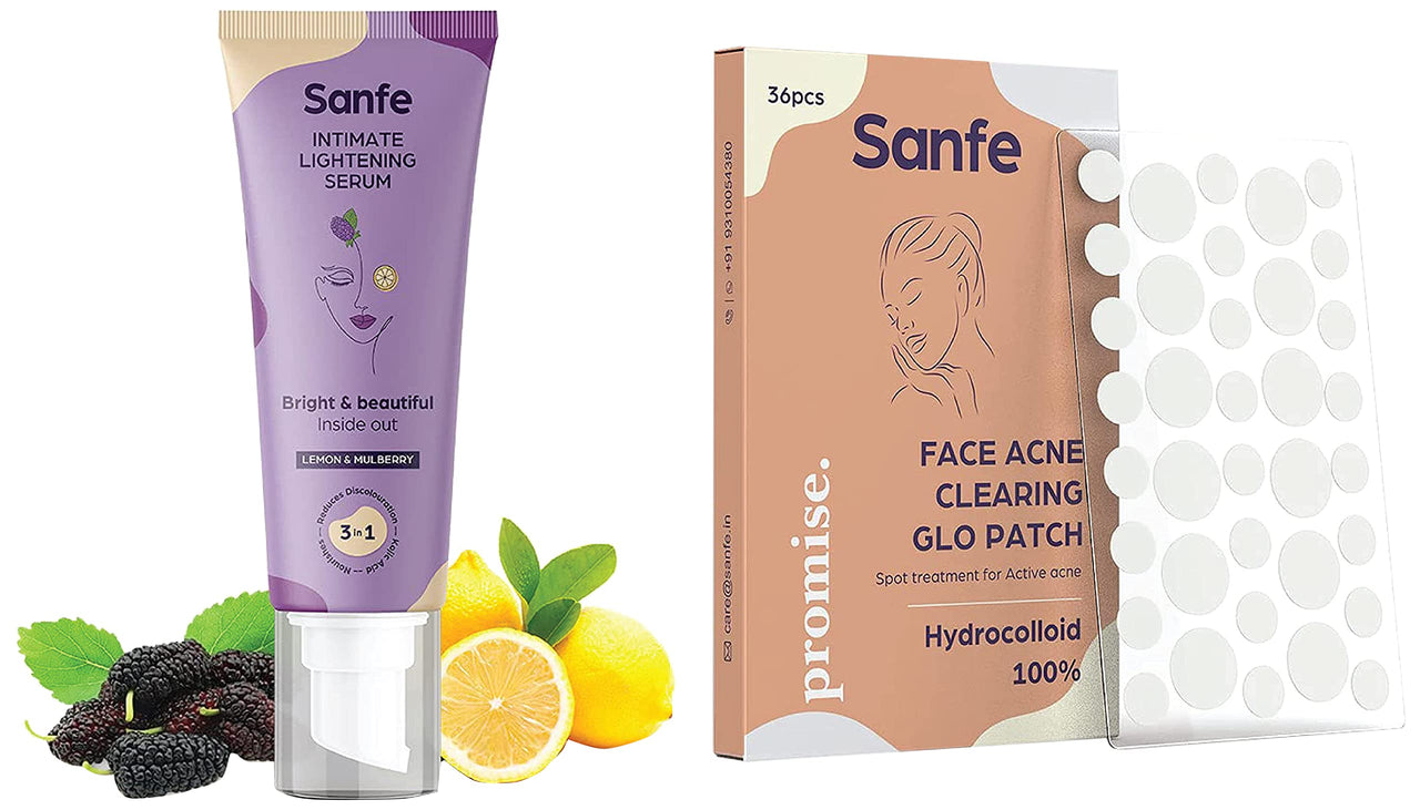 Sanfe Intimate Lightening Serum - 50g & Sanfe Promise Face Acne Patch - Pack of 36 | Pimple Healing Patch | Absorbing Cover |Invisible, Blemish Spot, Hydrocolloid, Skin Treatment