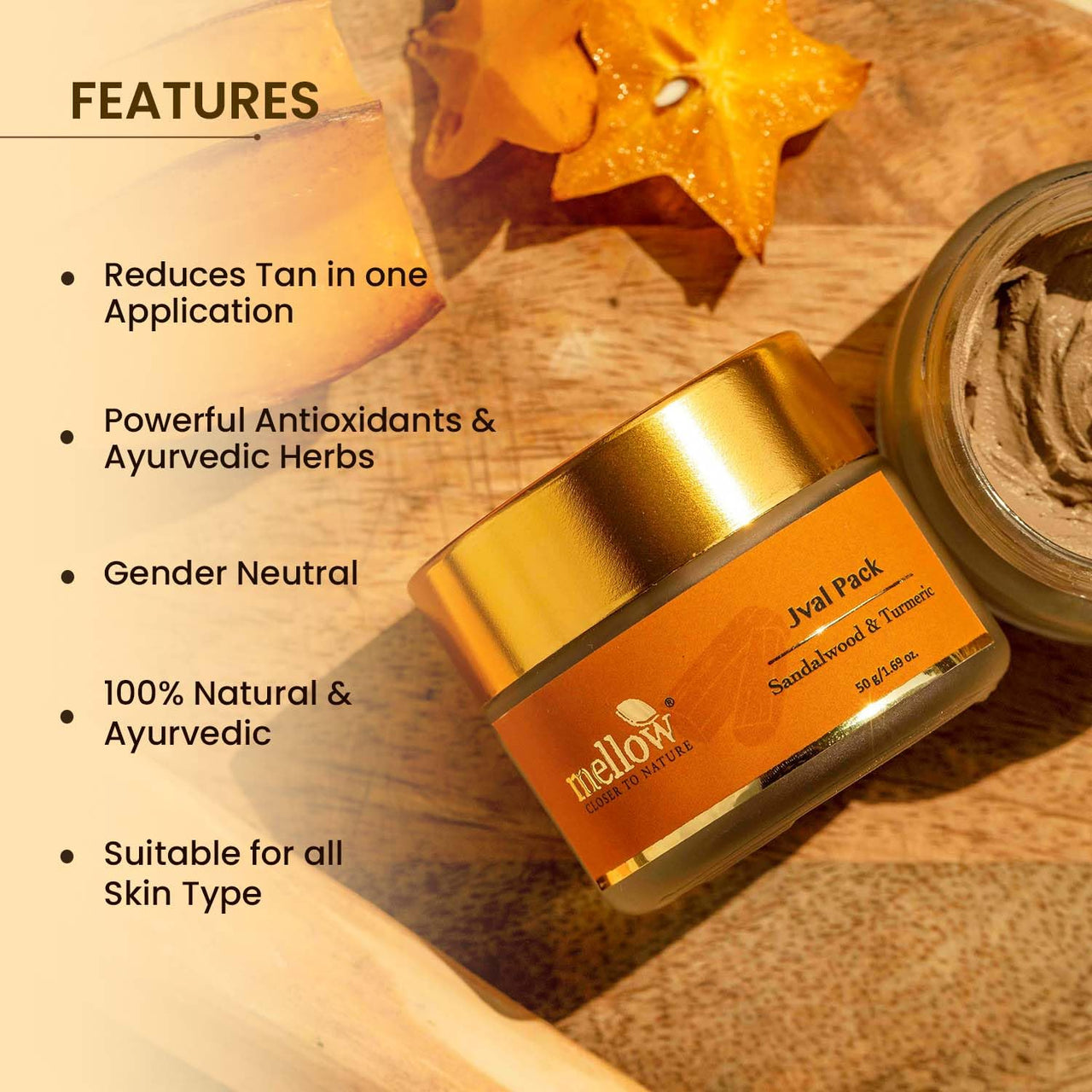 Mellow Herbals Jval Ayurvedic Face Pack | Natural Tan Removal & Skin Brightening | Infused with Turmeric, Sandalwood, Manjistha & Rose Petals | Evens Skin Tone & Enhances Glow | 50g