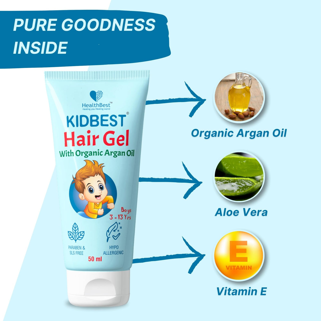 Healthbest Kids Hair Styling Gel - 50 ml - Organic Coconut Aloe Vera, Moringa, Argan & Kertine - Tear & Paraben Free - Enhances Vitamin B5 for Hair Growth & Damage Pack of 1