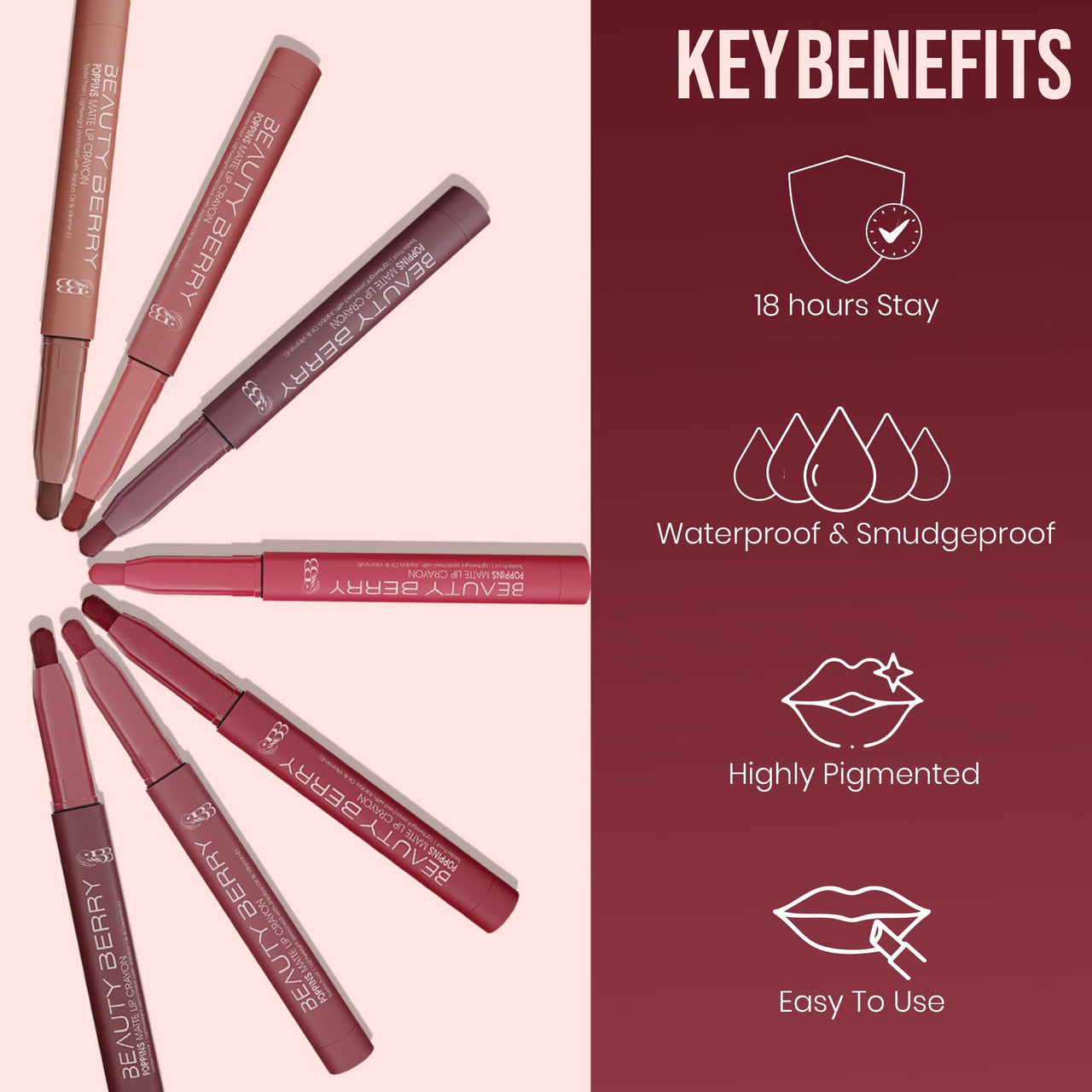 Beauty Berry Poppins Matte Lip Crayon Lipstick for Women | Long Lasting Non Transfer Retractable Lip Crayon | Smudge Proof & Waterproof Lipstick Enriched with Jojoba Oil & Vitamin E (12 - Reach High, 3g)