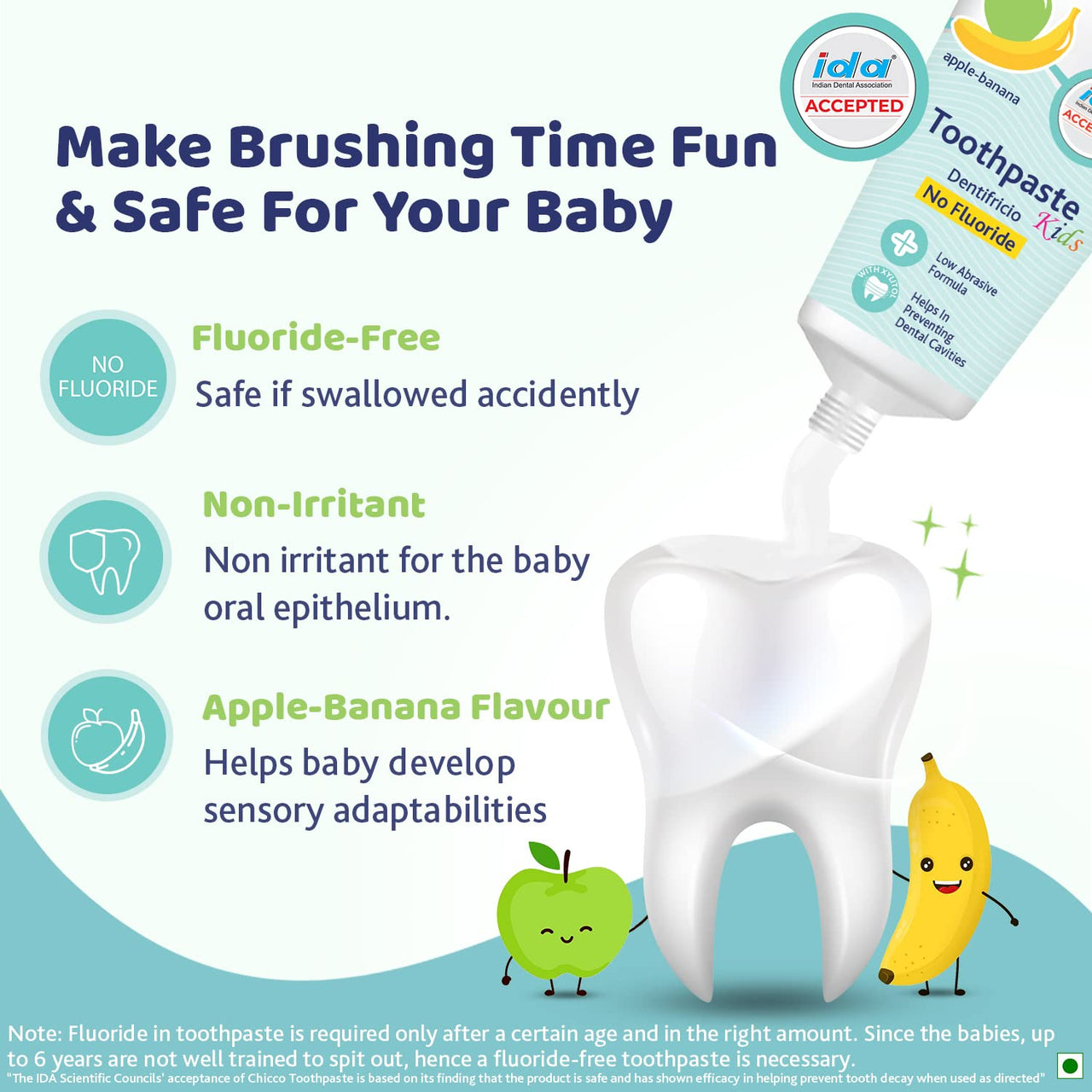 Chicco Toothpaste, Strawberry Flavour for 1Y to 6Y Bab (50g)&Chicco Toothpaste, Applebanana Flavour for 6m to 6Y Baby, Fluoride-Free, Preservative-Free,Cavity Protection (50 Millilitre)