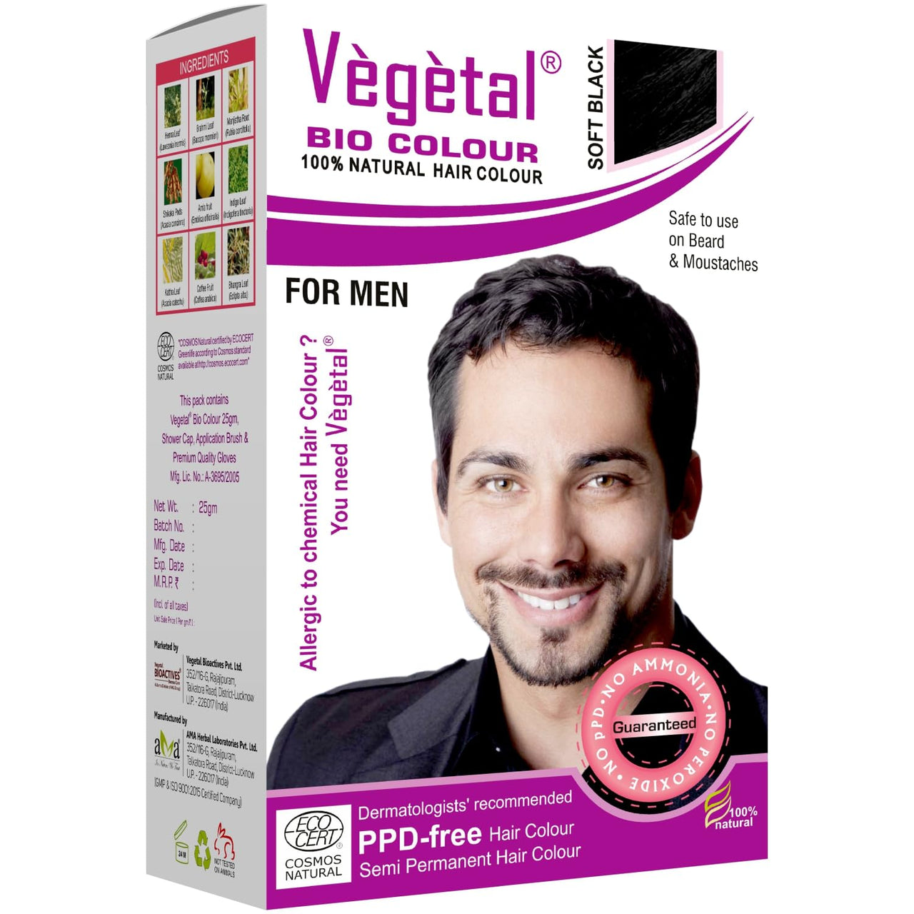 Vegetal Bio Colour - 25g Each | Experience Natural Black Beard Hair Color for Men | Ammonia-Free, PPD-Free, 100% Organic, and Herbal | Safe and Effective Beard Dye| Complete Kit Included