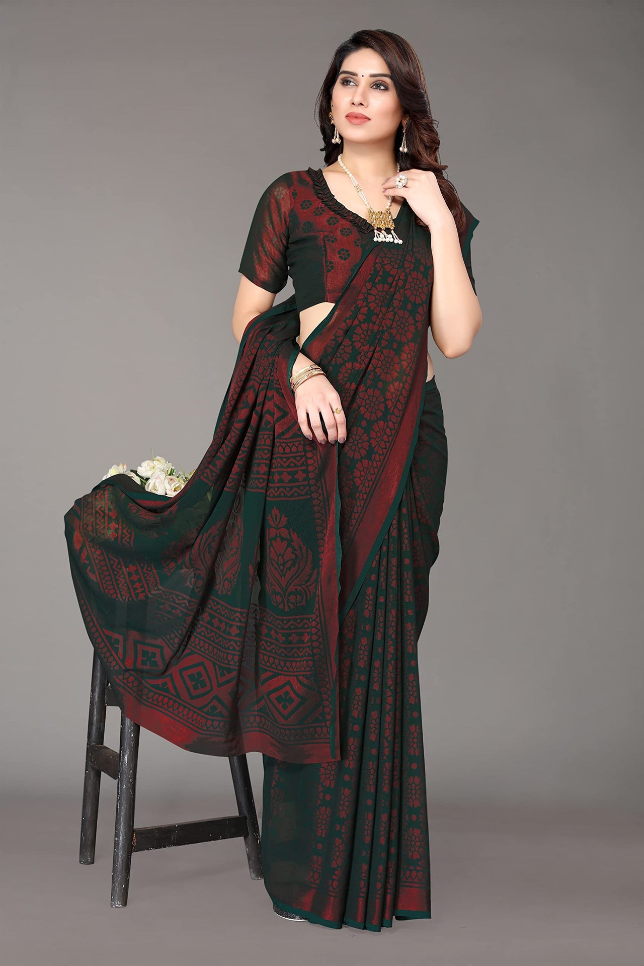 Winza Designer Women's  Chiffon Brasso Printed Saree with Blouse Piece (WDP Brasso Malini W)