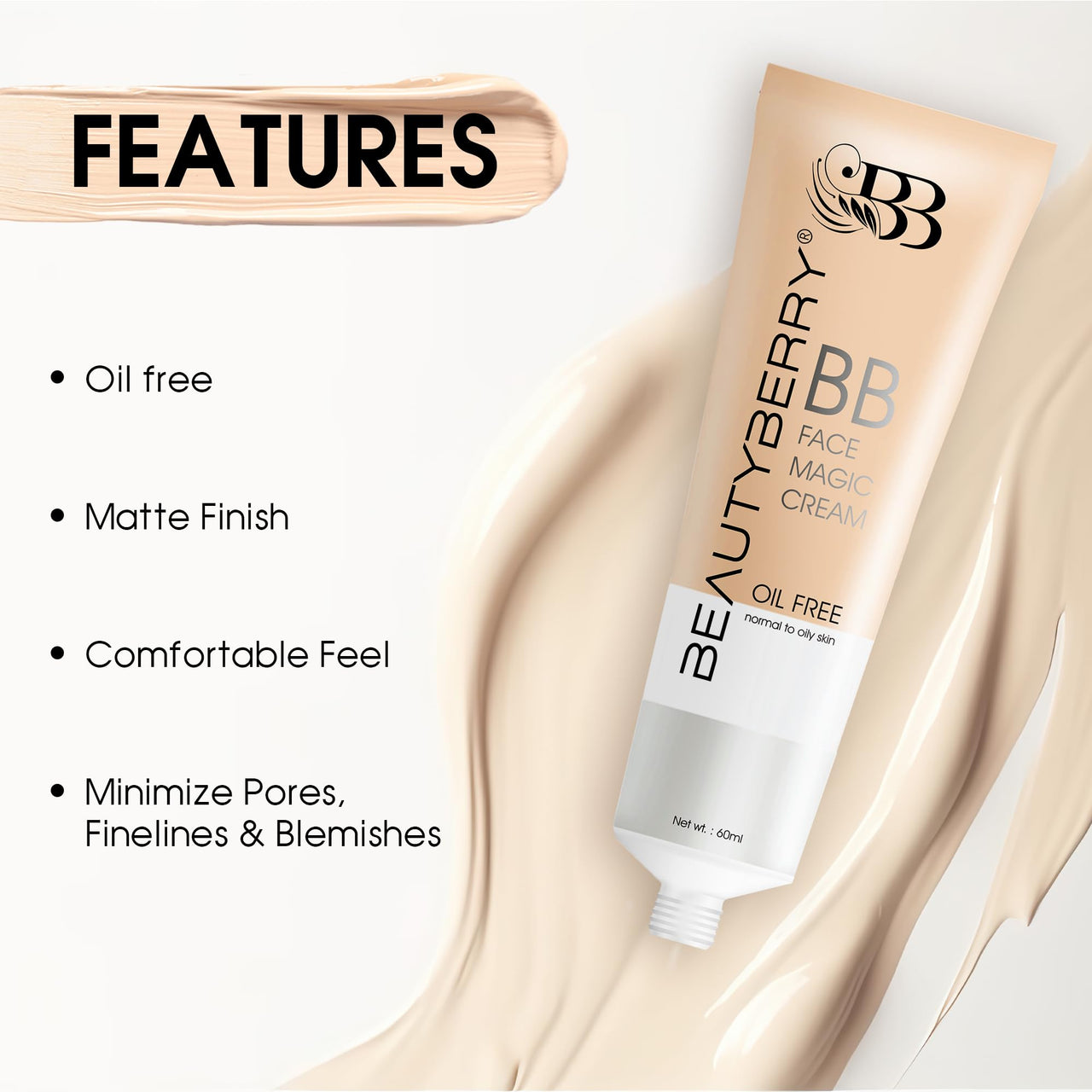 Beauty Berry BB Face Magic Cream Foundation – 60ml | Long Lasting, Matte Finish, Easily Blendable with Natural Coverage | Oil Free & Lightweight BB Cream for Women (Ivory)