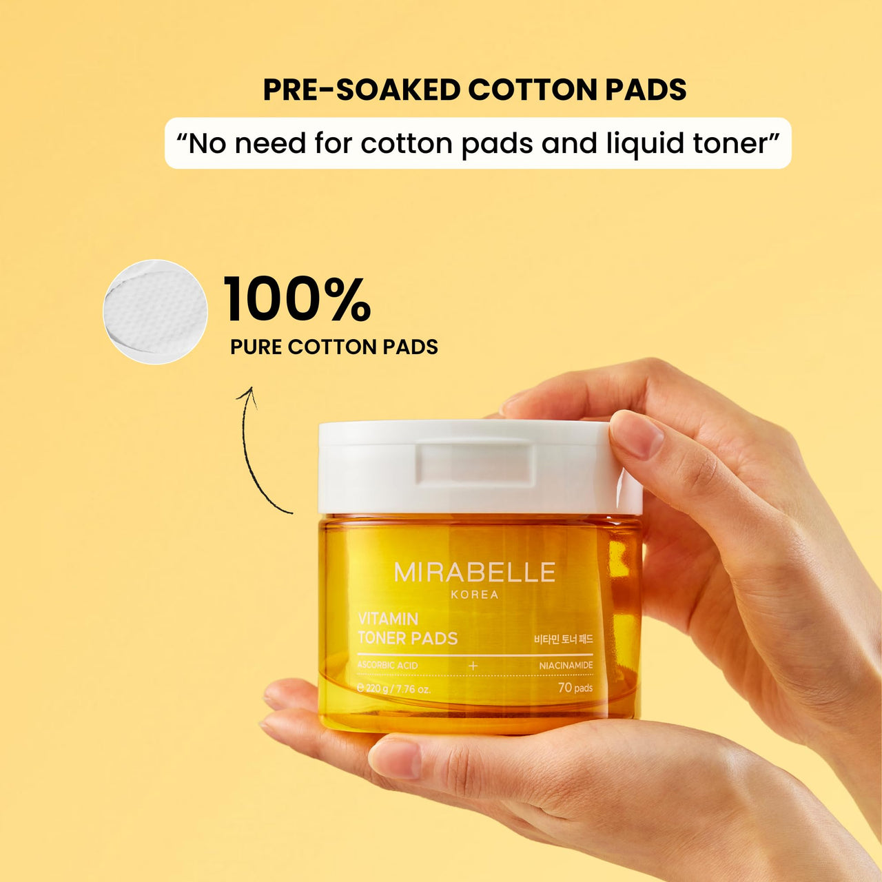 Mirabelle Korea Vitamin Toner Pads | Hydrating & Brightening | Korean Skincare for Glowing Skin | Niacinamide & Vitamin to Reduces Dark Spots | Removes Makeup Residue | 70 Pads
