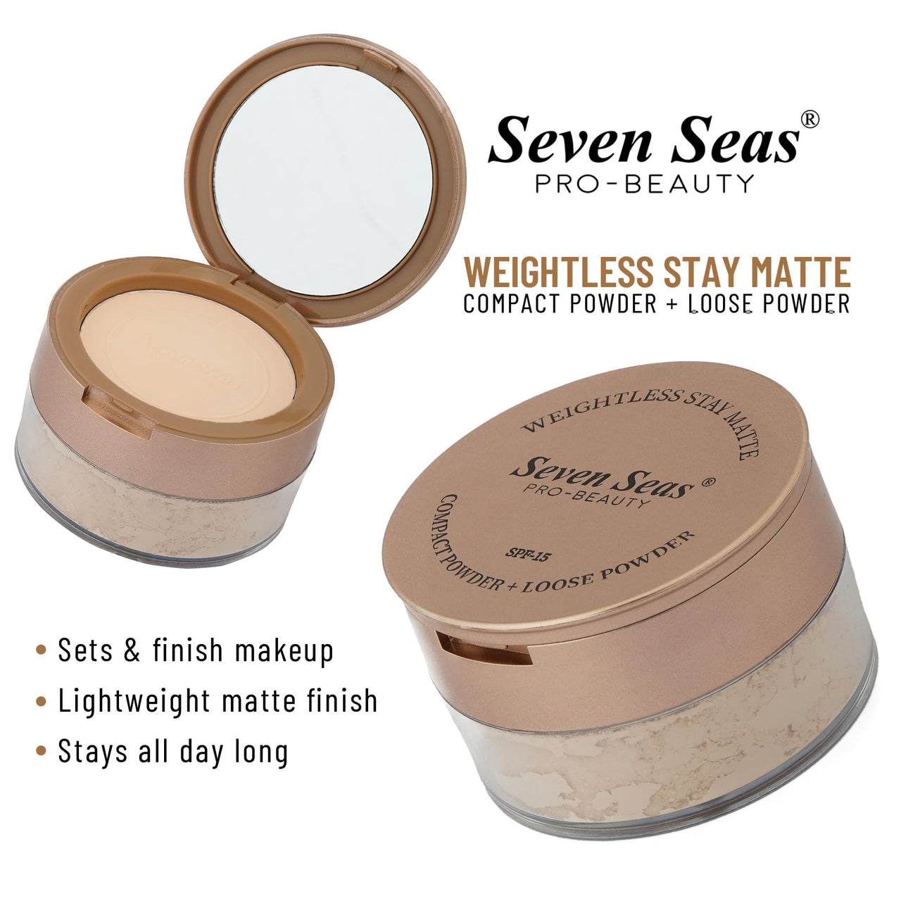 Seven Seas 2 In 1 Weightless Stay Matte Compact Powder | Pressed Powder + Loose Powder | SPF 15 | Non Oily Matte Look | Evens Out Complexion | Hides Imperfections | Blends Effortlessly (Peach)