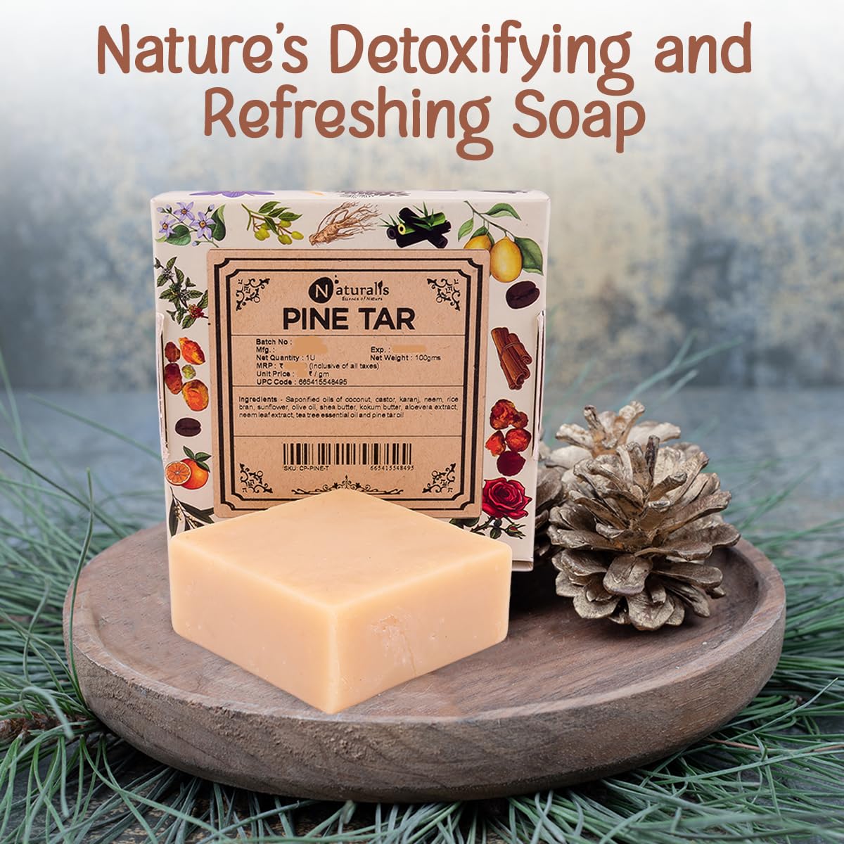 Naturalis Pine Tar Soap – Handmade Cold Pressed Soap Infused with Pine Tar Oil – Natural, Luxury Soap for Deep Skin Nourishment, Moisturizing and Refreshing, 100g