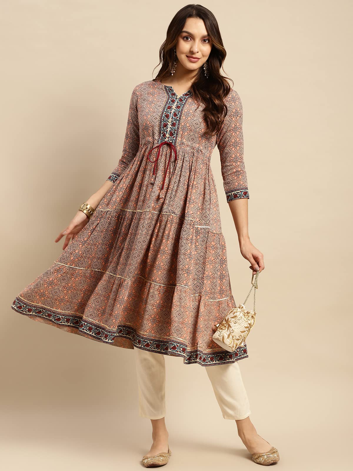 rangita Women Rayon Peach Printed Calf Length Anarkali Tiered Kurti with Contrats Printed Placket