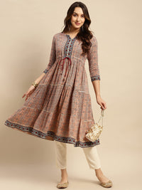 rangita Women Rayon Peach Printed Calf Length Anarkali Tiered Kurti with Contrats Printed Placket