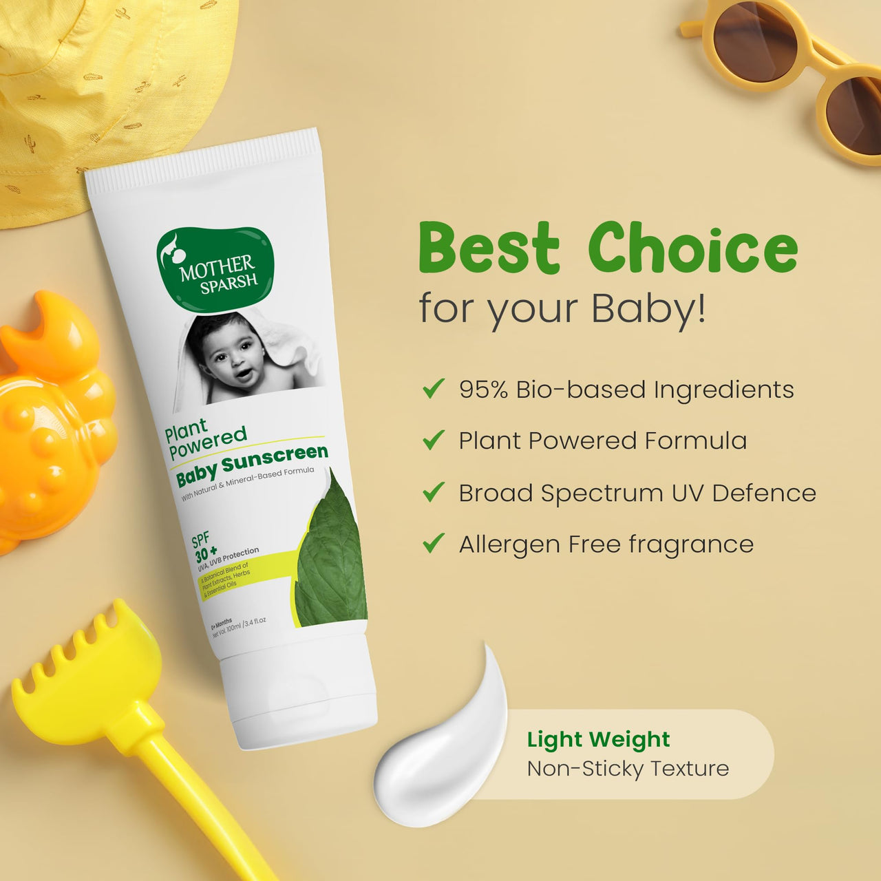 Mother Sparsh Natural Baby Sunscreen Lotion-100ml with SPF 30+ For UVA & UVB Protection | Plant derived 95% Bio Based Ingredients