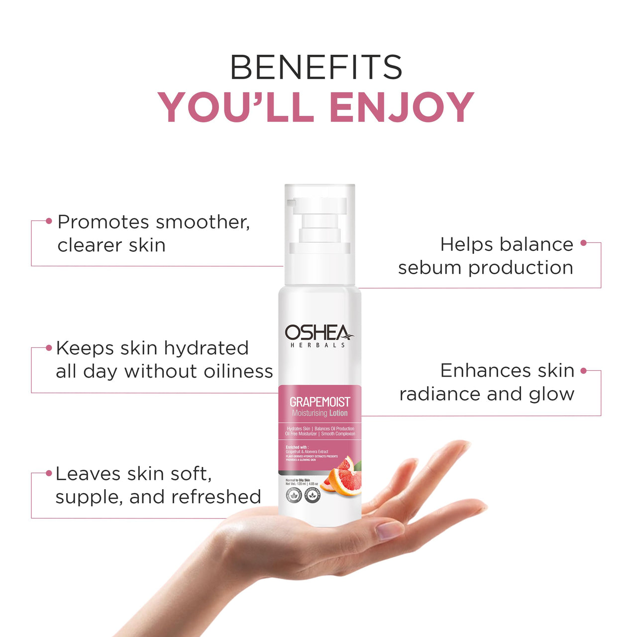 Oshea Herbals GrapeMoist Moisturising Lotion for Normal to Oily Skin Type | Balances Oil Production & Hydrates Skin with Smooth Complexion | Enriched with Grapefruit & Aloe vera Extracts 120ml