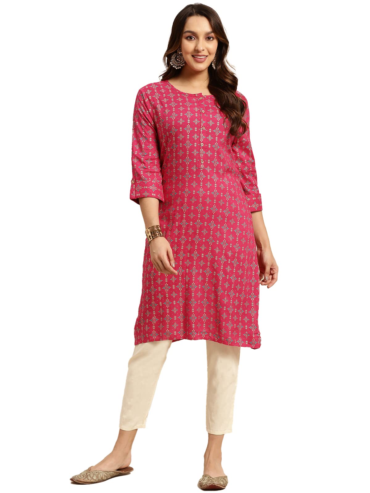 rangita Women Rayon Gold Printed Calf Length Straight Kurti