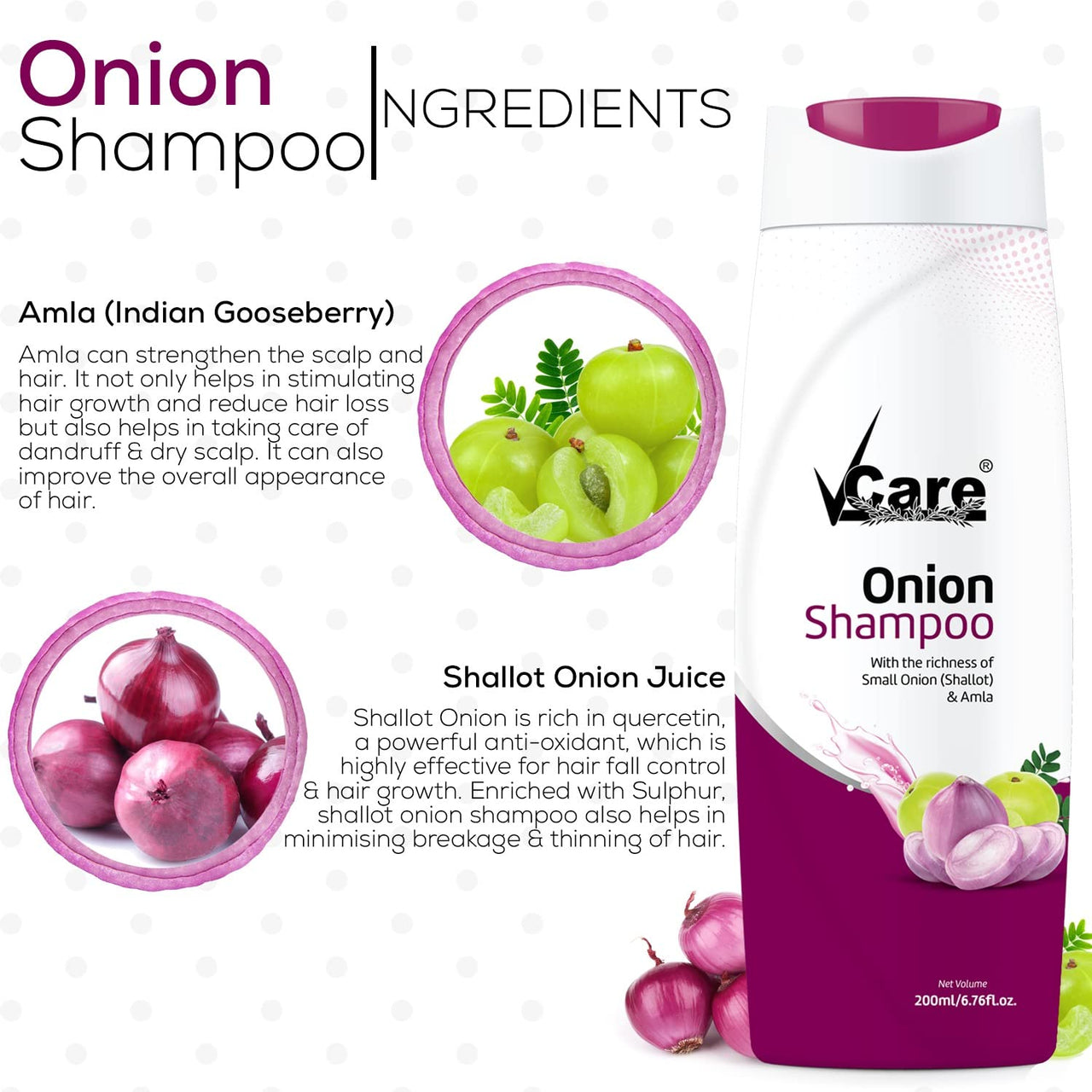 VCare Small Onion Shampoo for Hair Growth 200ml and Hair Fall Control - With Shallot Onion and Amla Suitable for Both Men & Women (Pack Of 3)