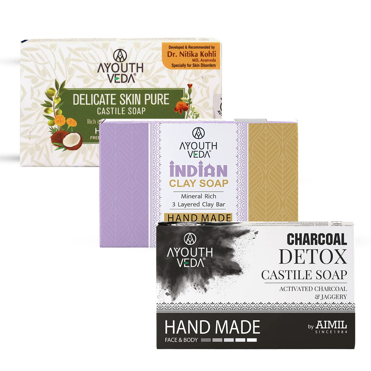 Ayouthveda Delicate Skin Pure Castile Soap (100g), Indian Clay Soap (100g), Charcoal Castile Detox Soap (110g) | Cleans, Tones & Revitalizes Skin | For Complete Skin Nourishment & Protection