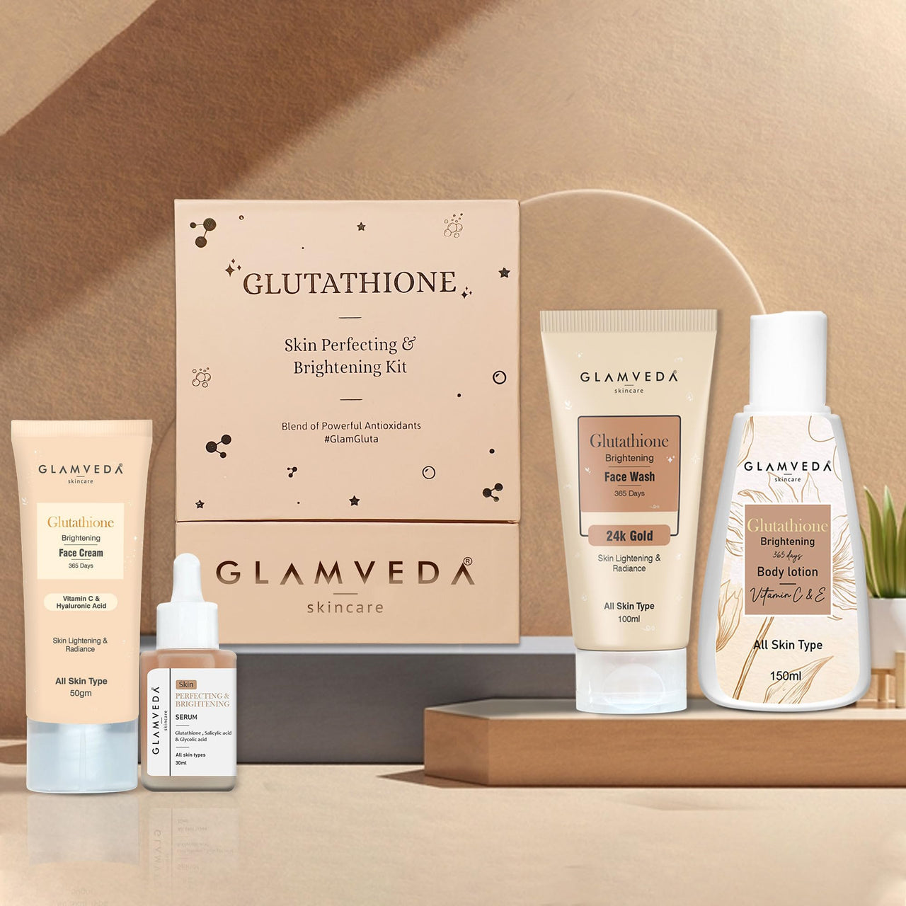 Glamveda Glutathione Skin Perfecting Brightening & Dark Spots Removal 4 Steps Skincare Routine ( Face Wash + Face Cream + Face Serum + Body Lotion )