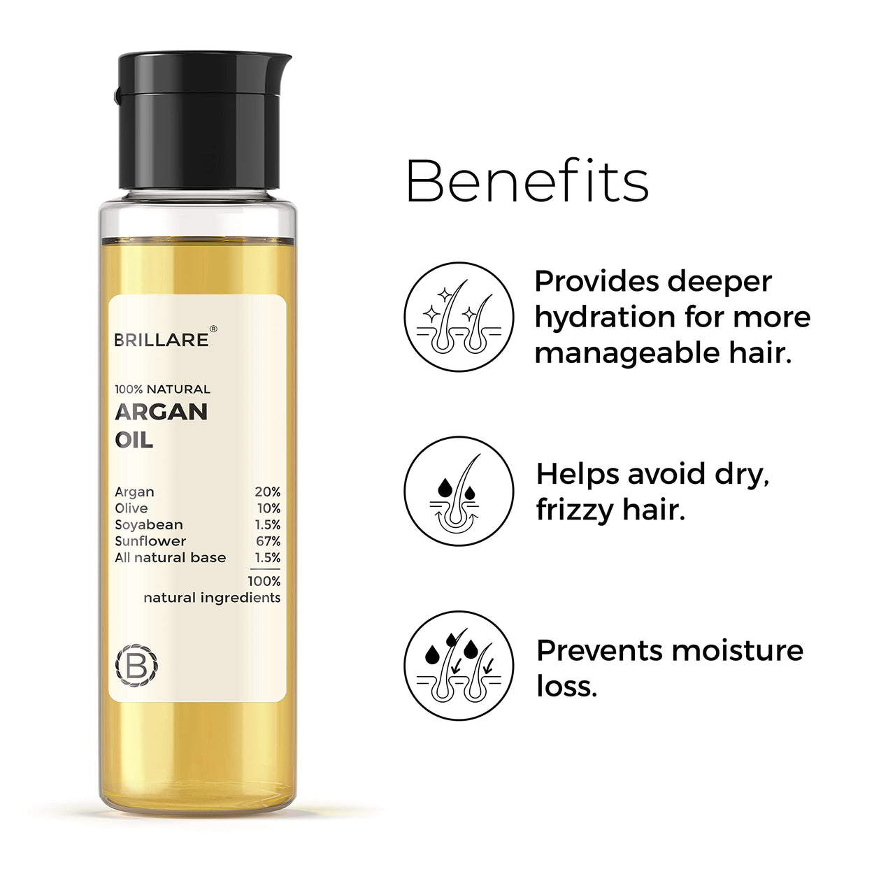 Brillare Argan Hair Oil, with the Goodness of Olive oil & Sunflower Oil, for Dry & Frizzy Hairs, 100% Natural Hair Oil, 100ml