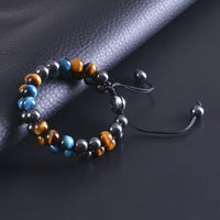 DHQH Triple Protection Bracelet Natural Black Obsidian Tigers Eye Hematite 8-10mm Beads Handmade Bracelet- Healing Crystal Bracelet Bring Luck Prosperity and Happiness A-Blue Triple Bracelet