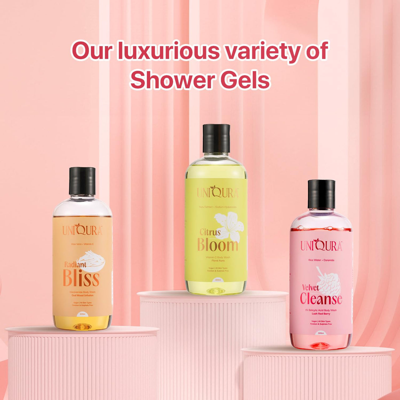 Uniqura 1% Salicylic Acid & Ceramide Body Wash Shower Gel For Women With Rice Water Helps To Exfoliates Body Acne, Bumpy and Strawberry Skin, Prevents Dry & Rough Skin, Paraben & Sulphate Free Shower Gel For Men (300ml) With Free Loofah