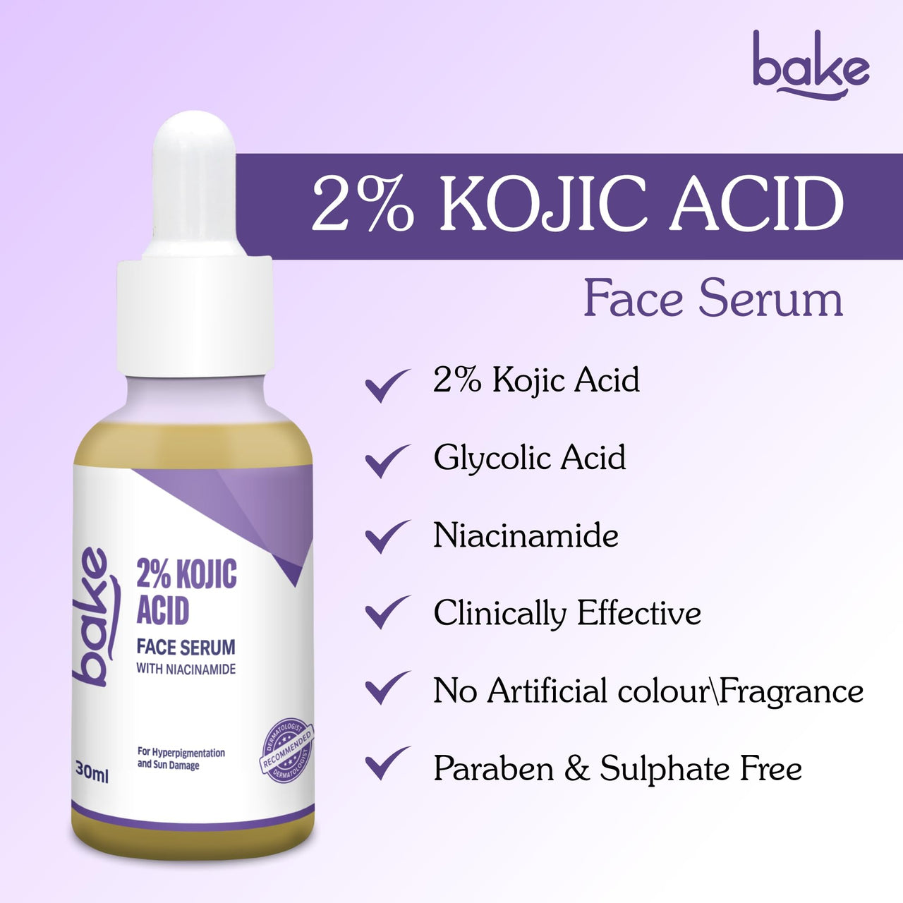 BAKE 2% Kojic Acid Face Serum with 5% Niacinamide & 2% Glycolic Acid for Pigmentation & Dark Spots | For Dark Circles, Tan Removal & Sun Damaged Skin | Skin Brightening & Glowing | 30ml