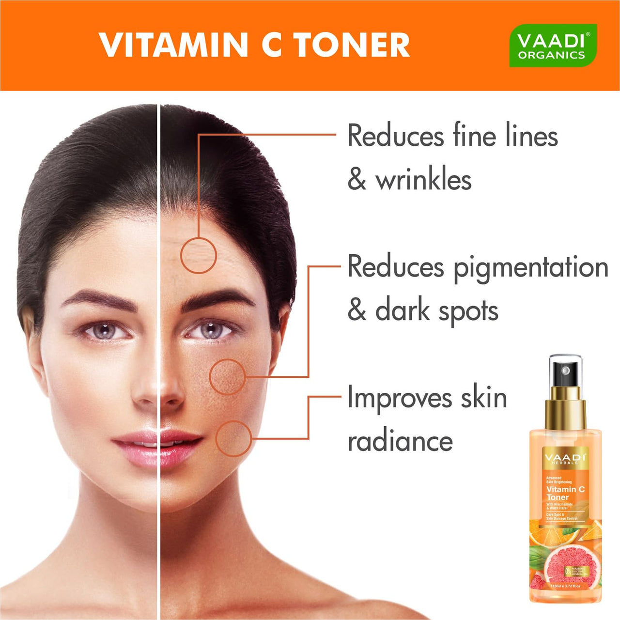 Vaadi Herbals Vitamin C Facial Toner| With Witch Hazel & Niacinamide | Skin Brightening, Hydrating & Anti-Ageing (110 ml)
