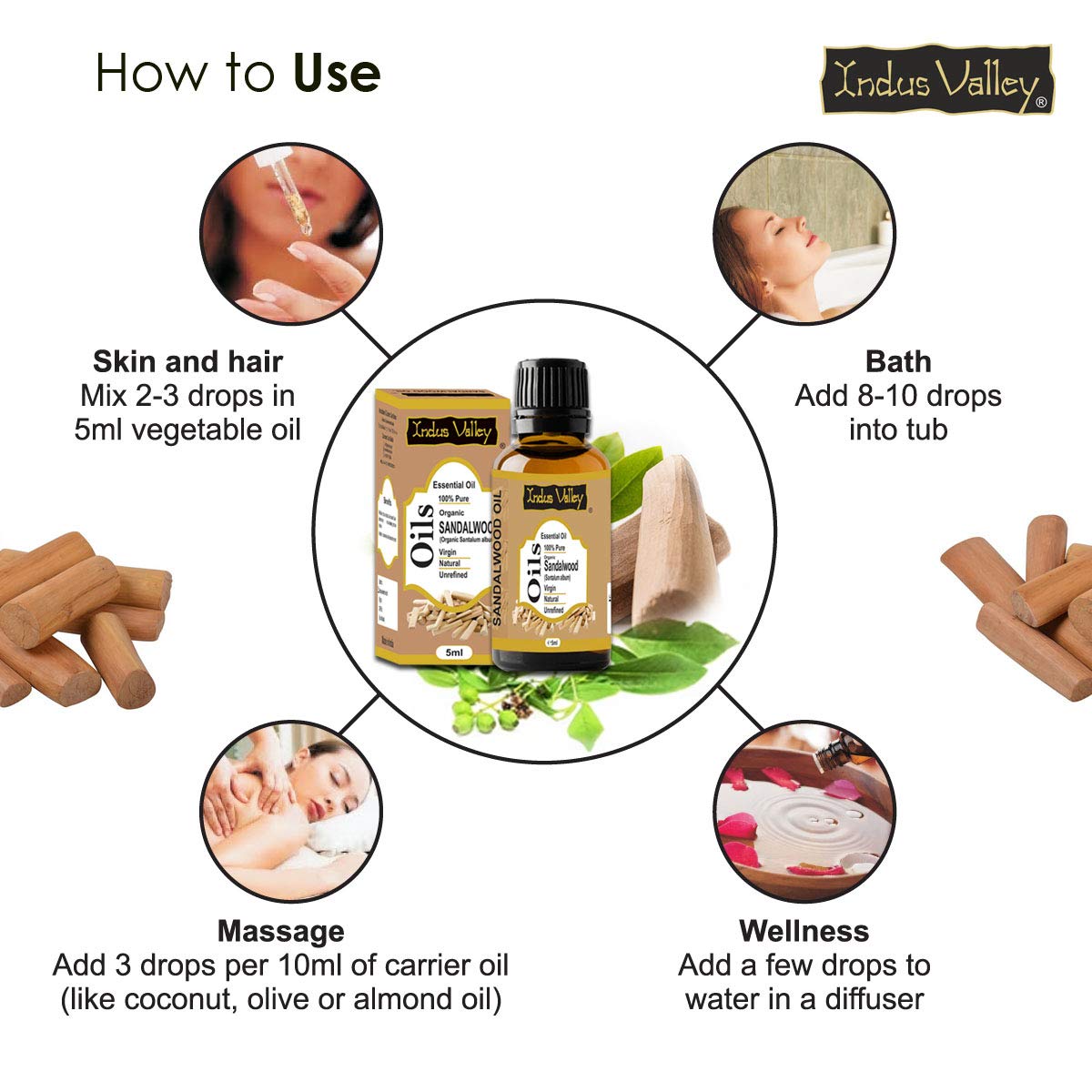 Indus Valley 100% Pure Natural & Organic, Undiluted Sandalwood (Chandan) Essential Oil for Skin, Hair Care - 5 ml