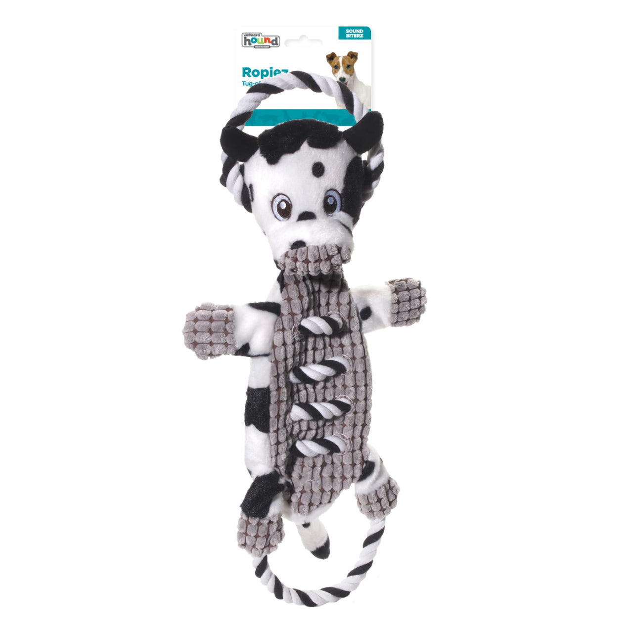 Charming Pet Outward Hound Ropes-A-Go-Go Cow Interactive Plush Squeaky Dog Tug Toy One-Size White and black