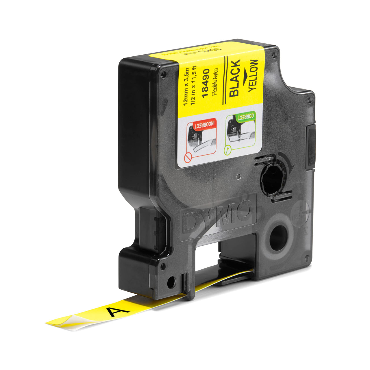 DYMO Rhino Industrial Flexible Nylon Labels, 1/2" x 11.5', Black Print on Yellow Tape Black on Yellow 1/2" (12MM)