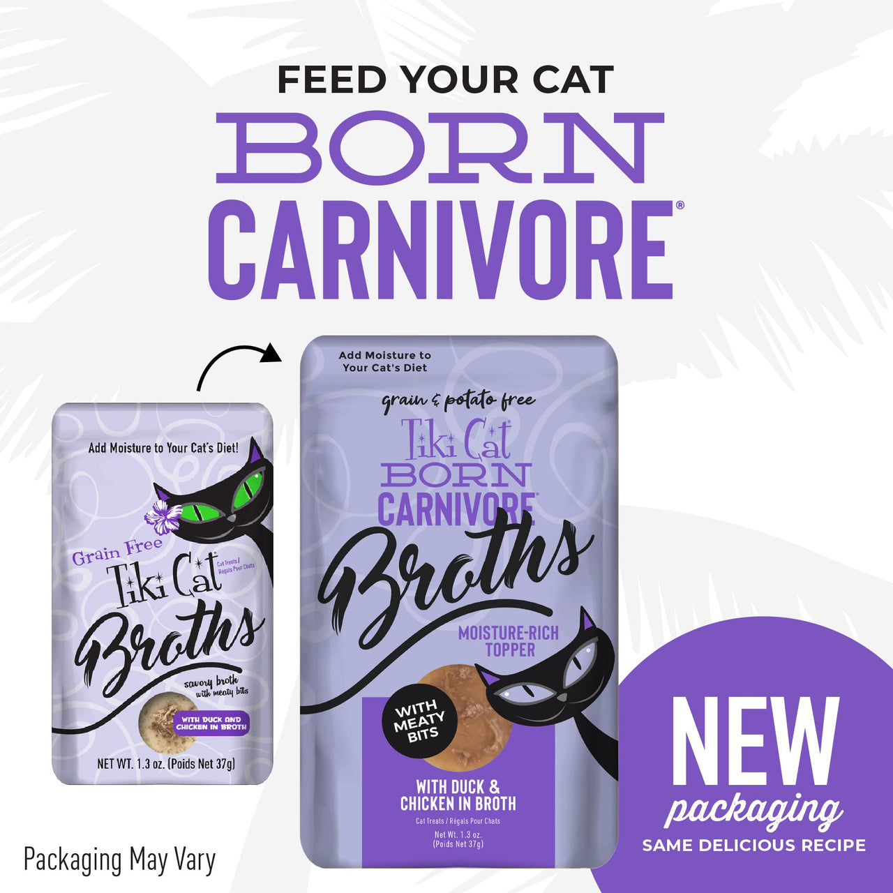 Tiki Cat Born Carnivore Broths, Duck & Chicken Recipe, Hydration and Flavor Supplement Cat Food Topper, 1.3 oz. Pouch (Pack of 12)