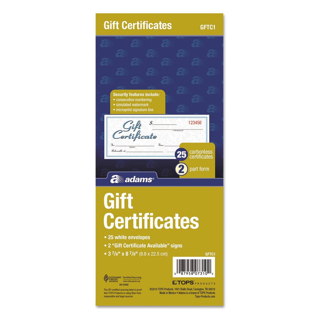Adams Gift Certificate Book, Carbonless, Single Paper, 3.4 x 8 Inches, White/Canary, 2-Part, 25 Numbered Certificates Plus Store Sign (GFTC1)