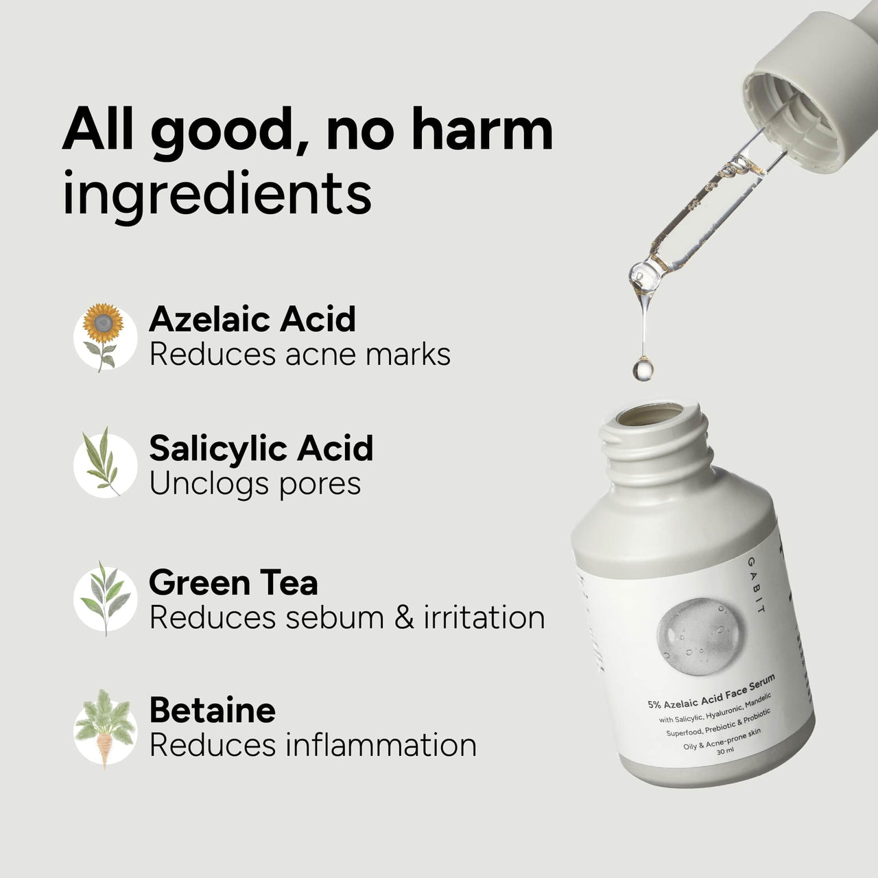 Gabit 5% Azelaic Acid Face Serum For Acne,Blackheads,Open Pores & Spots|Salicylic (1%),Hyaluronic,Green Tea,Prebiotic,Probiotic|For Oily,Acne Prone Skin|Oil & Fragrance free|For Women & Men,30 ml