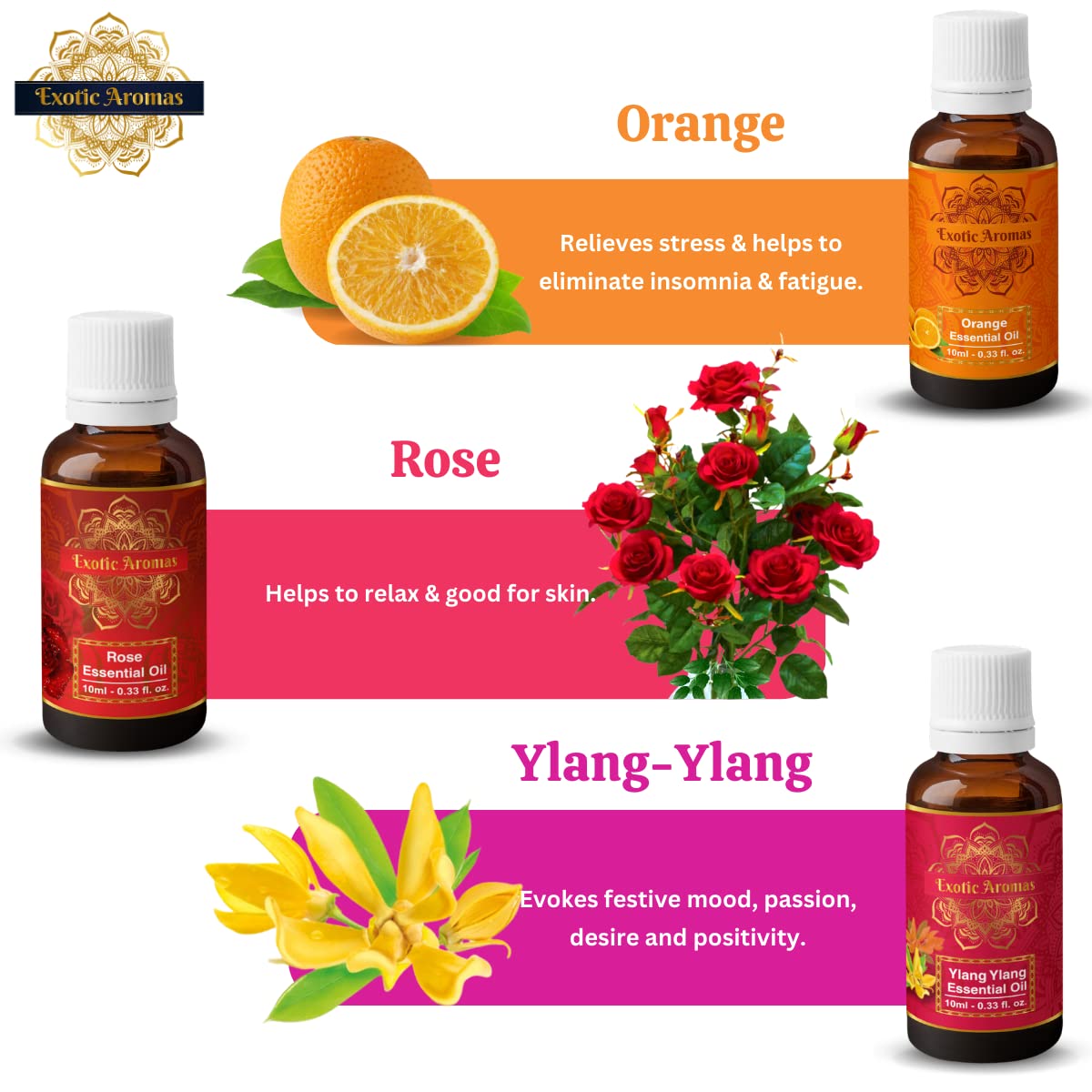 Exotic Aromas Essential Oil Lavender, Rose, Tea Tree, Jasmine, Ylang Ylang, Orange, Lemongrass, Peppermint, Rosemary, Pure & Natural (Pack of 9)